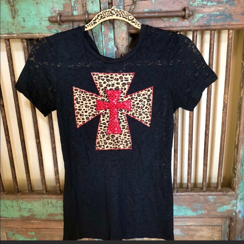 Black burnout t-shirt S with leopard and cross